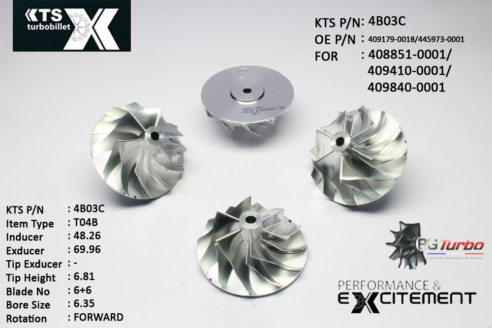 Turbo ROUE FORGÉE MFS PERFORMANCE - 6+6 PALES - INDUCER : 48,26 - EXDUCER : 69,96 - TYPE : T04BANGLE : 45° - ROTATION : Forward - SUPER BACK : 1,68 - BORE SIZE : 6,35
